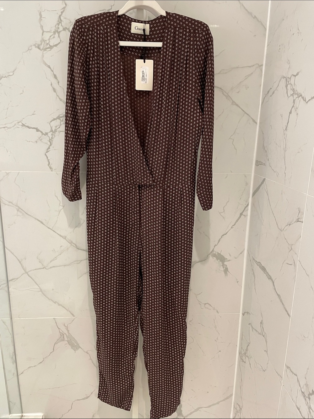 Ganni with Tags, Brown Printed Long Sleeve Deep V-Neck Wrap Jumpsuit, S